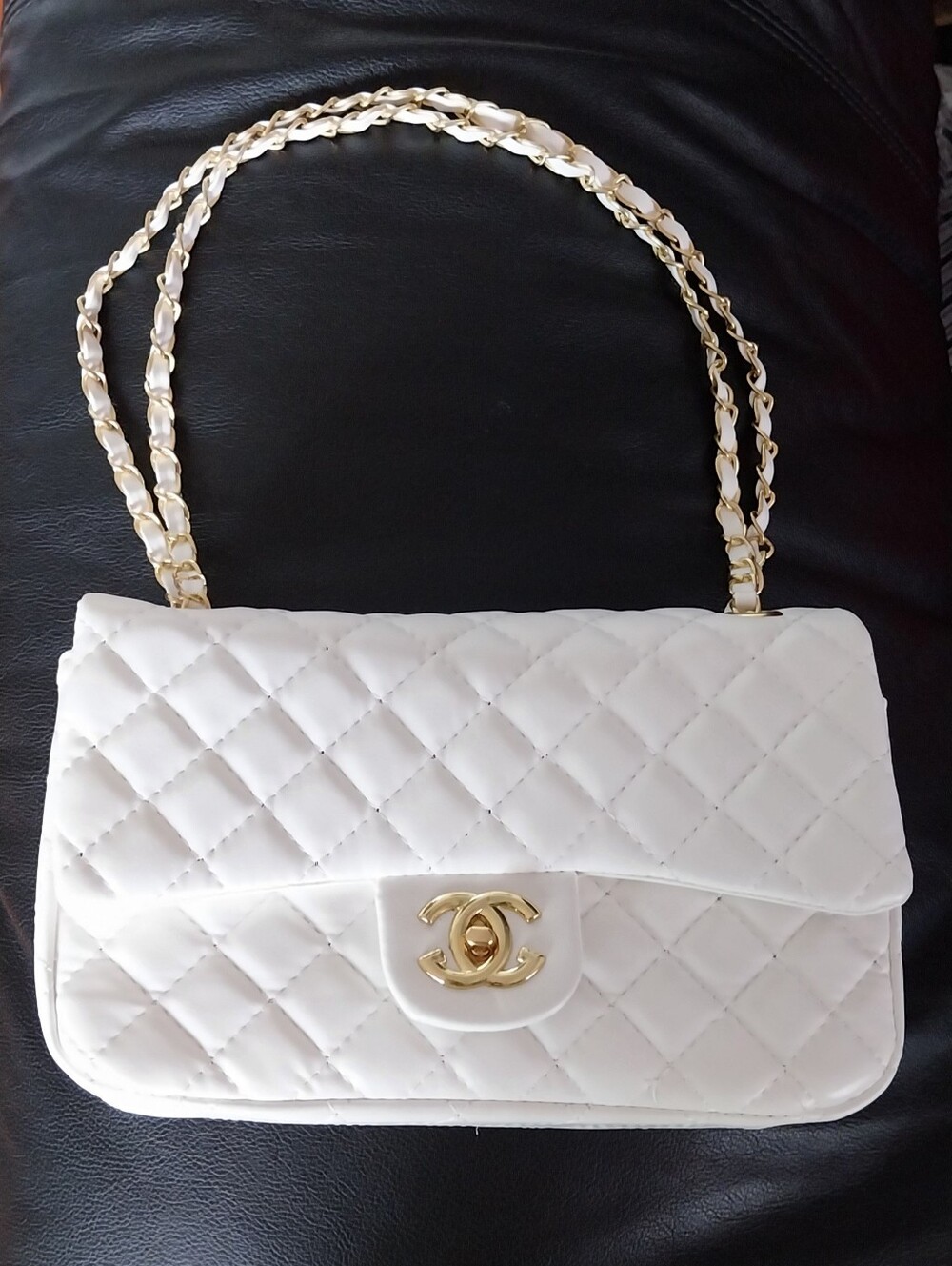 Brand New White Leather Quilted Chain-Shoulder Bag